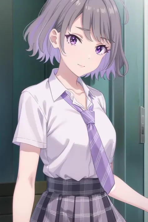 akaritanikita, <lora:akari tanikita s1-lora-nochekaiser:1>,
akari tanikita, short hair, bangs, (purple eyes:1.1), grey hair, multicolored hair, ahoge, smile,
BREAK skirt, shirt, school uniform, white shirt, short sleeves, pleated skirt, necktie, shoes, choker, socks, striped, collared shirt, black footwear, blue skirt, plaid, black choker, plaid skirt, black socks, sneakers, purple skirt, shirt tucked in, striped necktie, purple necktie,
BREAK indoors, classroom,
BREAK looking at viewer, (cowboy shot:1.5),
BREAK <lyco:GoodHands-beta2:1>, (masterpiece:1.2), best quality, high resolution, unity 8k wallpaper, (illustration:0.8), (beautiful detailed eyes:1.6), extremely detailed face, perfect lighting, extremely detailed CG, (perfect hands, perfect anatomy),