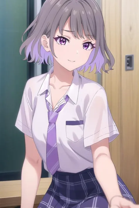 akaritanikita, <lora:akari tanikita s1-lora-nochekaiser:1>,
akari tanikita, short hair, bangs, (purple eyes:1.1), grey hair, multicolored hair, ahoge, smile,
BREAK skirt, shirt, school uniform, white shirt, short sleeves, pleated skirt, necktie, shoes, choker, socks, striped, collared shirt, black footwear, blue skirt, plaid, black choker, plaid skirt, black socks, sneakers, purple skirt, shirt tucked in, striped necktie, purple necktie,
BREAK indoors, classroom,
BREAK looking at viewer, (cowboy shot:1.5),
BREAK <lyco:GoodHands-beta2:1>, (masterpiece:1.2), best quality, high resolution, unity 8k wallpaper, (illustration:0.8), (beautiful detailed eyes:1.6), extremely detailed face, perfect lighting, extremely detailed CG, (perfect hands, perfect anatomy),