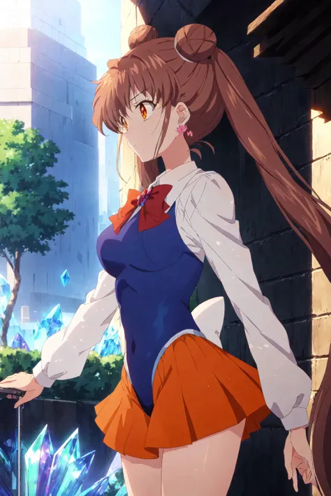 Best_QualityPos Earth-QualityPos, blue hair, bow, brown hair, crystal movies style, day, double bun, earrings, hair bun, jewelry, leotard, long sleeves, , multiple girls, orange skirt, red bow, shirt, solo, tree, twintails <lora:SM_CRYSTAL:0.9>