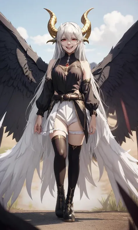 reaonk2023, masterpiece, 5 fingers, depth of field, intricate, photorealistic, 6 wings, horns, white hair, anime style, trending on arstation, evil smile, fangs, full body,