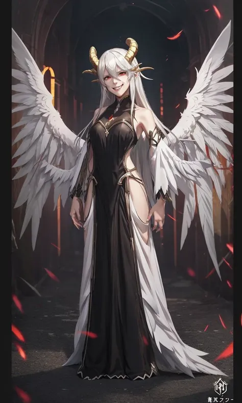 reaonk2023, masterpiece, 5 fingers, depth of field, intricate, photorealistic, 6 wings, horns, white hair, anime style, trending on arstation, evil smile, fangs, full body,