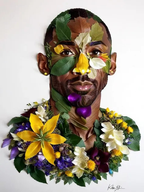 Kobe Bryant made of flowers, 1man, portrait, all leaf craft, <lora:SDXL_fall_leaf_craft_Sa_May:1>,