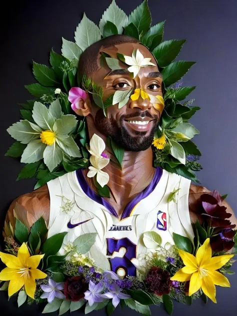 Kobe Bryant made of flowers, 1man, portrait, all leaf craft, <lora:SDXL_fall_leaf_craft_Sa_May:1>,