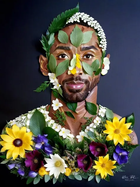 Kobe Bryant made of flowers, 1man, portrait, all leaf craft, <lora:SDXL_fall_leaf_craft_Sa_May:1>,