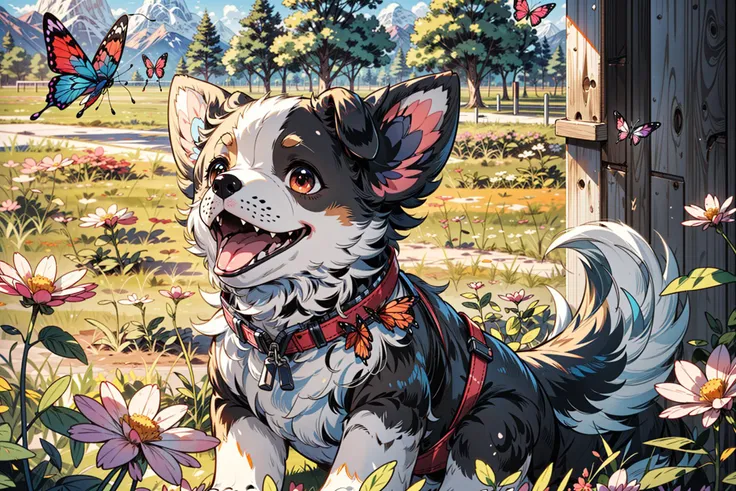 (((masterpiece))), (((best quality))), ((ultra-detailed)), (highly detailed CG illustration), ((an extremely delicate and beautiful)),
bug, no humans, butterfly, open mouth, flower, looking up, brown eyes, animal focus, fangs, animal, outdoors, dog, grass, pink flower, day, zipper
<lora:dog_20230627135046-000018:0.8>
<lora:add_detail:.77>