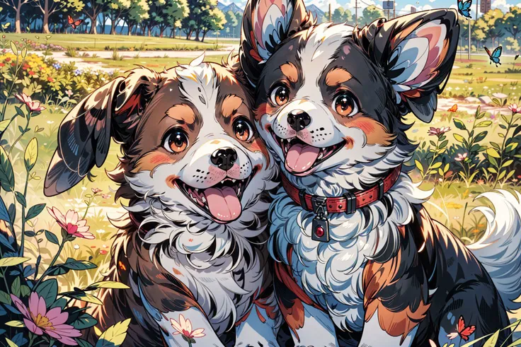 (((masterpiece))), (((best quality))), ((ultra-detailed)), (highly detailed CG illustration), ((an extremely delicate and beautiful)),
bug, no humans, butterfly, open mouth, flower, looking up, brown eyes, animal focus, fangs, animal, outdoors, dog, grass, pink flower, day, zipper
<lora:dog_20230627135046-000018:0.8>
<lora:add_detail:.77>