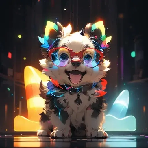 cute cairn terrier, fluffy, glasses, big round eyes, full of color, splash of paints, <lora:dog_20230627135046-000018:1>, ( big eyes:1.2), (happy:1.2), smile, 3d render, 8k, 4k, (colorful:1.4), orange, yellow, (red:1.5), blue, green, purple, rainbow, masterpiece, neonlight