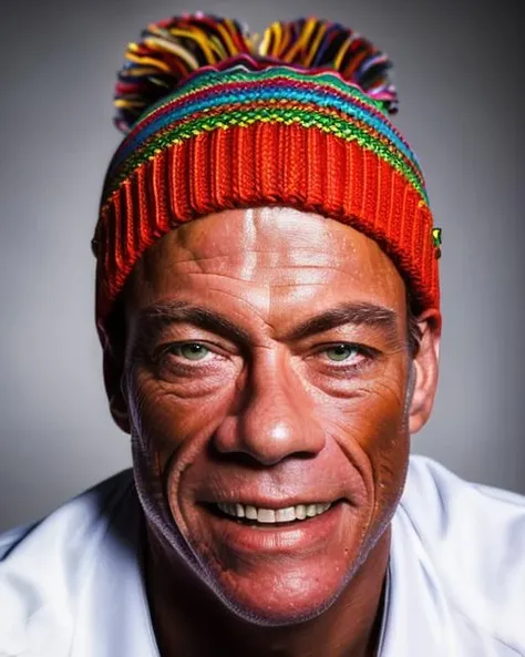 (masterpiece, best quality), Jean Claude Van Damme close up portrait as rastaman, (wearing colours rastaman beanie), smiling, 1 man, epic (photo, studio lighting, hard light, sony a7, 50 mm, matte skin, pores, colors, hyperdetailed, hyperrealistic), ultrasharp, <lora:vandamme:0.95>