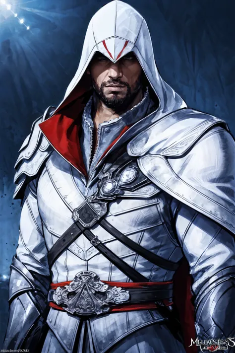 (masterpiece, top quality, best quality, official art, detailed:1.2),<lora:ezio:0.7>, ezio_soul3142, solo, 1boy, upper body, weapon, male focus, blade, hood, cape, armor, facial hair, facing viewer, beard, vambraces