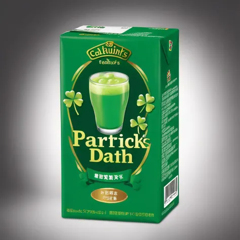 <lora:boxdrinks:0.75> ,packdrinks,Create a realistic style image featuring a special edition aluminum foil-wrapped beverage celebrating St. Patrick's Day. The drink should exude festivity, with a vibrant green color scheme and elements like shamrocks or leprechaun hats adorning the packaging. It should appear chilled, with condensation beads glistening under soft lighting, showcasing its appeal as a refreshing choice for the celebration. The background is a lively scene of St. Patrickâs Day festivities, enhancing the drink's thematic connection