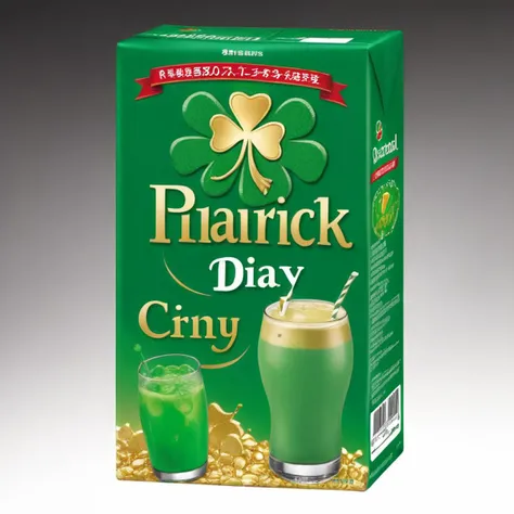 <lora:boxdrinks:0.75> ,packdrinks,Create a realistic style image featuring a special edition aluminum foil-wrapped beverage celebrating St. Patrick's Day. The drink should exude festivity, with a vibrant green color scheme and elements like shamrocks or leprechaun hats adorning the packaging. It should appear chilled, with condensation beads glistening under soft lighting, showcasing its appeal as a refreshing choice for the celebration. The background is a lively scene of St. Patrickâs Day festivities, enhancing the drink's thematic connection