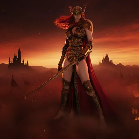 cinematic photo a woman with red hair, winged helmet,breast, sword, red cape, fantasy castle background<lora:Malenia1024:0.8> . 35mm photograph, film, bokeh, professional, 4k, highly detailed
