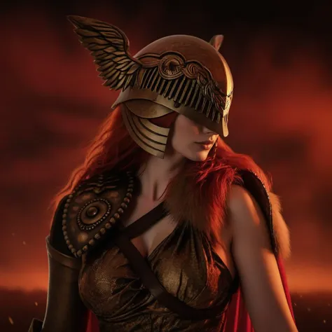 cinematic photo a woman with red hair, winged helmet, large breast <lora:Malenia1024:0.8> . 35mm photograph, film, bokeh, professional, 4k, highly detailed