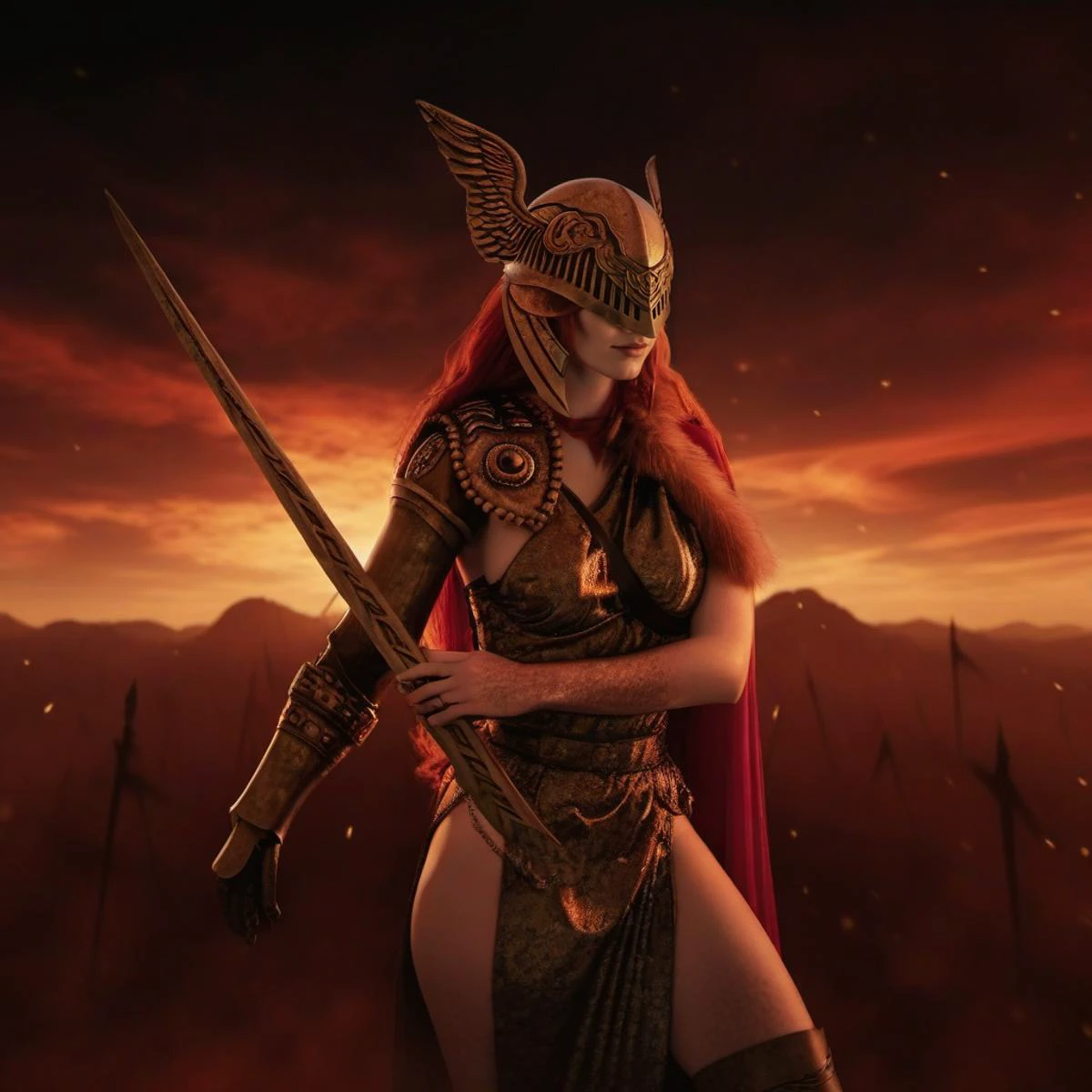 cinematic photo a woman with red hair, winged helmet, sword <lora:Malenia1024:0.8> . 35mm photograph, film, bokeh, professional, 4k, highly detailed