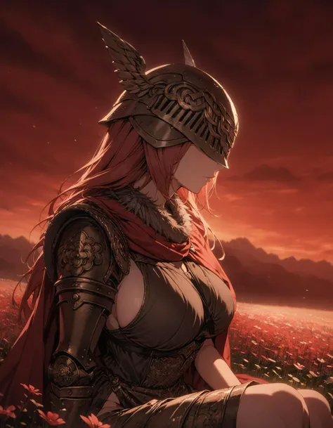 1girl, solo, <lora:Malenia1024:0.8> red hair, long hair, helmet, winged helmet, red cape, covered eyes, large breasts, armor, portrait, profile, close-up, sitting, flower field, red sky, cloud, red theme, perfect lighting, backlighting, depth of field, blurry background, cinematic, filmic, high budget, (masterpiece), (best quality), (ultra-detailed), very aesthetic, illustration, perfect composition, intricate details, absurdres