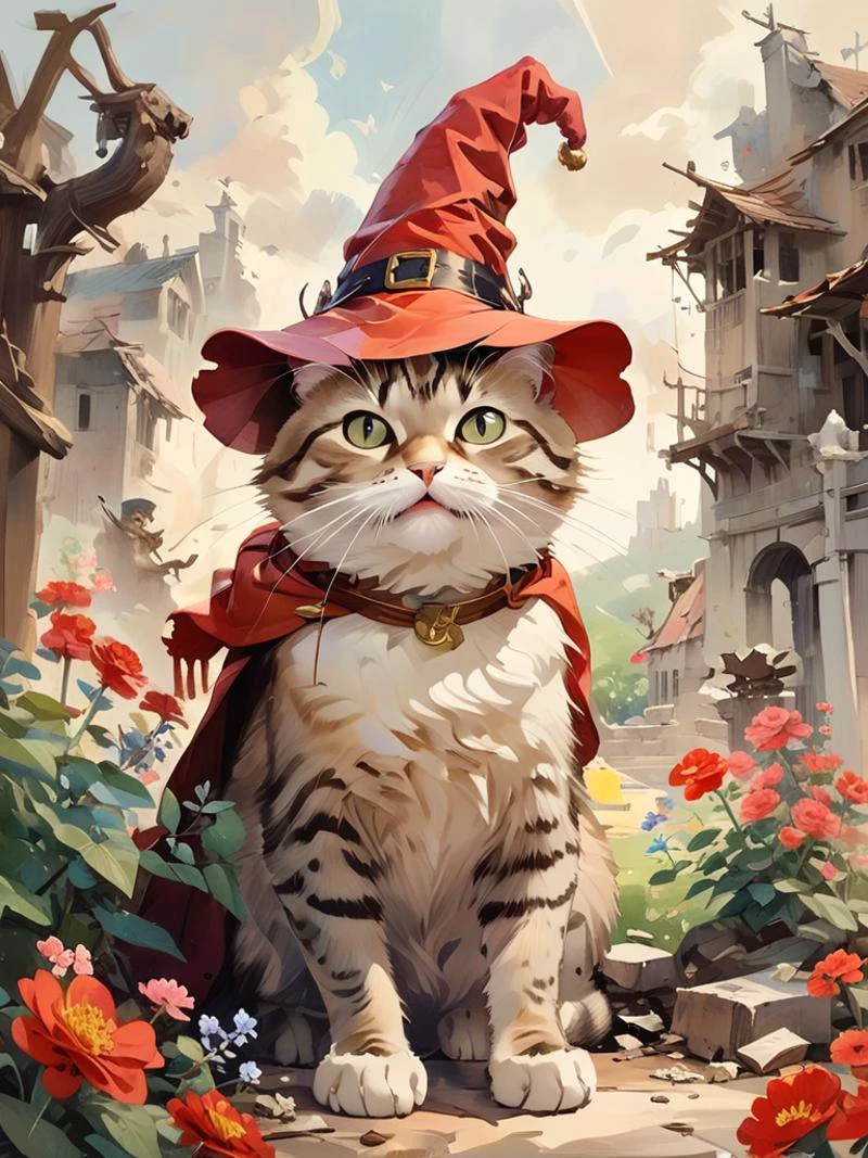 by Don Bluth,
(open mouth:1.5), (screams:1.5), (meow:1.5), looking_at_viewer, eye_contact,
a fat cat with big eyes and hat and red cloak, garden in background, piles of flowers, big tree, ruins,
cartoon, illustration, soothing tones, calm colors, <lora:Line-illustration:0.8>, lineart, <lora:oil_and_watercolor_painting:0.5>, oil and watercolor painting, <lora:EldritchRomanceIllustration1.3.1:0.5>,
