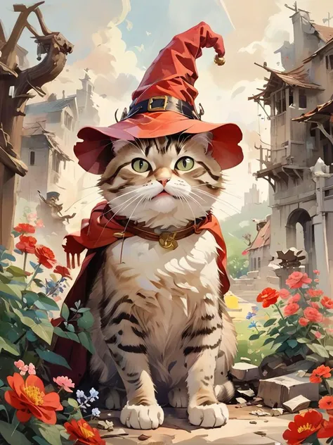 by Don Bluth, 
(open mouth:1.5), (screams:1.5), (meow:1.5), looking_at_viewer, eye_contact, 
a fat cat with big eyes and hat and red cloak, garden in background, piles of flowers, big tree, ruins, 
cartoon, illustration, soothing tones, calm colors, <lora:Line-illustration:0.8>, lineart, <lora:oil_and_watercolor_painting:0.5>, oil and watercolor painting, <lora:EldritchRomanceIllustration1.3.1:0.5>,