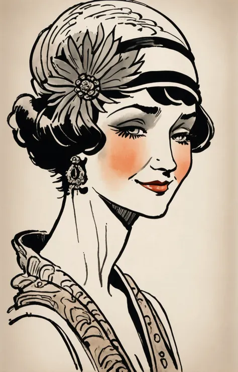 colorful, lineart, caricature of a 1920s beautiful Welsh woman with a shy smile, art-deco <lora:pen-art:0.9>, splash art, ink wash, japanese ink