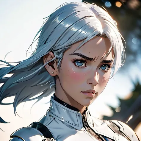 Woman, Makoto Shinkai, Marvel Style,
Beauty face, Serious face, White hair, Medium hair, Small breasts, Small ass, Muscular, (((sharp face)))
1girl,
((((cinematic look)))), soothing tones, contour light, bokeh background,
realistic tight Leather jacket,
 <lora:migunov15:0.85>