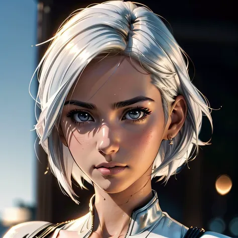 Woman, Makoto Shinkai, (Marvel Style),
Beauty face, Serious face, Realistic tight  White hair, Medium hair, Small breasts, Small ass, Muscular, (((long face)))
1girl,
((((cinematic look)))), soothing tones, contour light, bokeh background, 
realistic tight Leather jacket,
 <lora:more_details:0.3> <lora:migunov15:0.75>