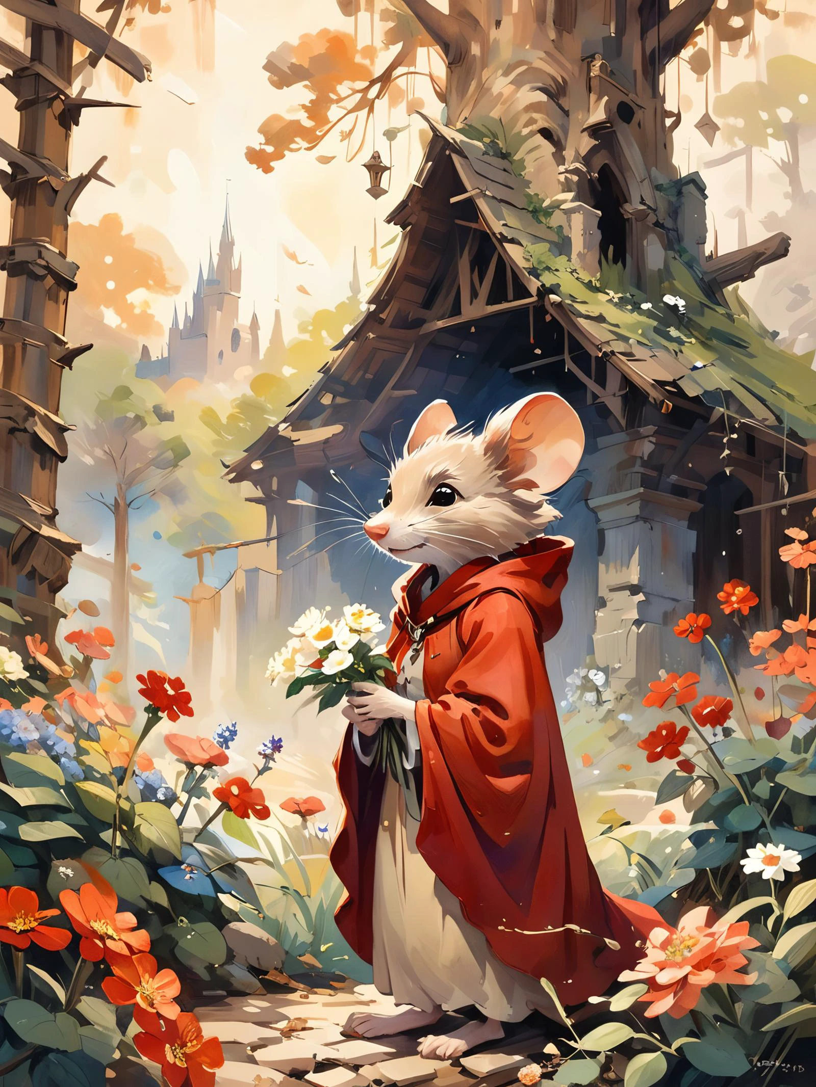 by Don Bluth, inspired by The Secret of NIMH,
female mouse in red cloak, garden in background, knolling, piles of flowers, big tree, ruins,
cartoon, illustration, soothing tones, calm colors, <lora:Line-illustration:0.8>, lineart, <lora:oil_and_watercolor_painting:0.5>, oil and watercolor painting, <lora:EldritchRomanceIllustration1.3.1:0.5>,