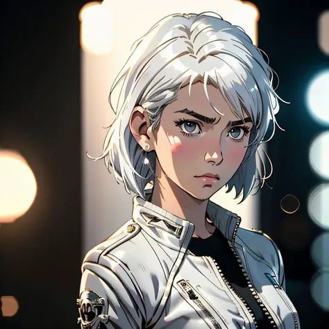 Woman, Makoto Shinkai, Marvel Style,
Beauty face, Serious face, White hair, Medium hair, Small breasts, Small ass, Muscular, (tin skull)
1girl,
((((cinematic look)))), soothing tones, contour light, bokeh background,
realistic tight Leather jacket,
 <lora:migunov15:0.85>