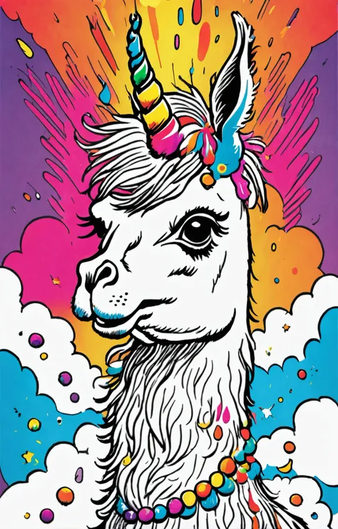 vibrant and rainbow-hued, lineart, caricature of a llama unicorn, explosion of flavor <lora:pen-art:0.9>