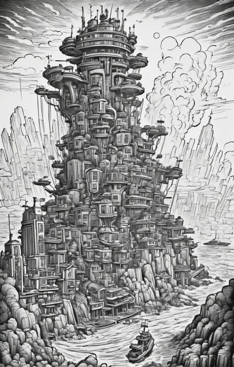 lineart, caricature of a metropolis, retro-futuristic island <lora:pen-art:0.9>, splash art