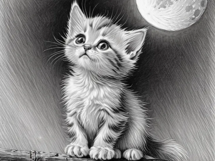 pencil art, cute kitten looking at the moon, <lora:Line-illustration:1.0>
