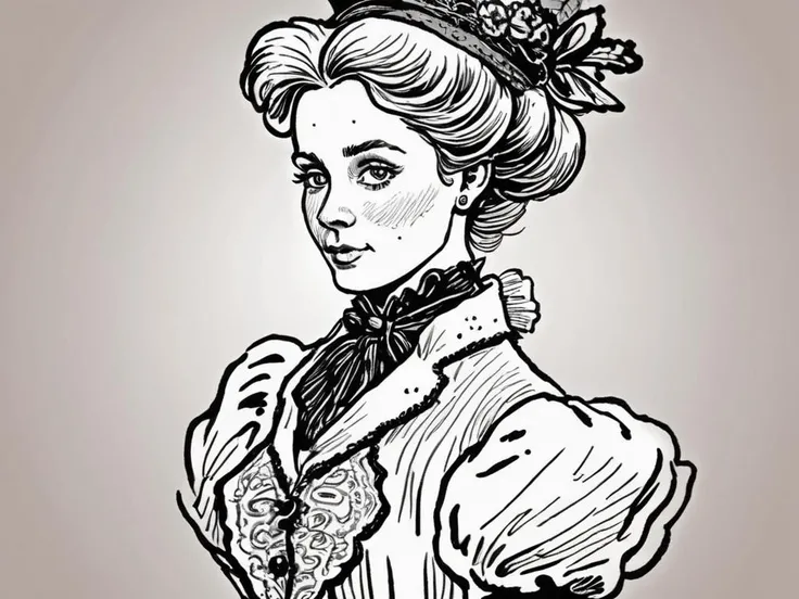 lineart, caricature, stylish Victorian girl, <lora:pen-art:0.9>