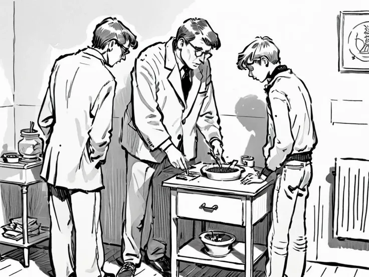 lineart, the teacher and the student look at the ashtray on the bedside table, <lora:pen-art:0.75>