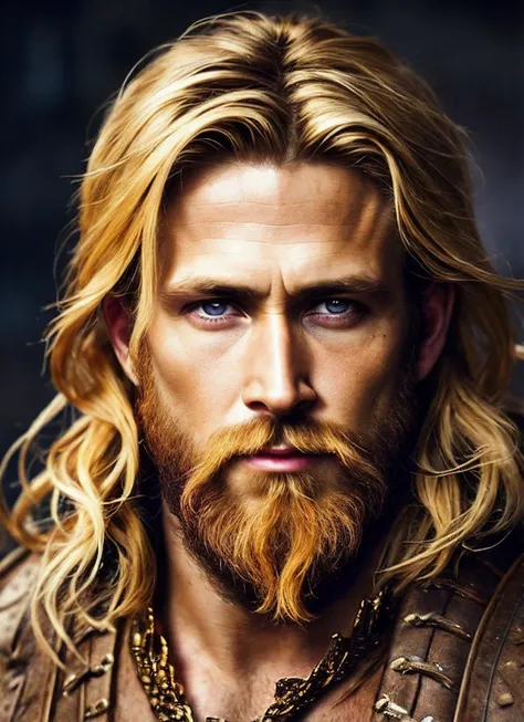 painted portrait of stout zeus, god of thunder, greek god, blond hair, male, mature, handsome, upper body, muscular, hairy torso, fantasy, intricate, elegant, highly detailed, digital painting, art station, concept art, soft, sharp focus, illustration, art by Gaston Bussiere and Alphonse Mucha