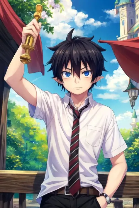 masterpiece, best quality, , 1boy, solo, male focus, looking at viewer, , , <lora:rin_okumura:0.76>, rin_okumura, black hair, blue eyes, , , , , A magical kingdom where everything is perfect and everyone is happy, 16k resolution