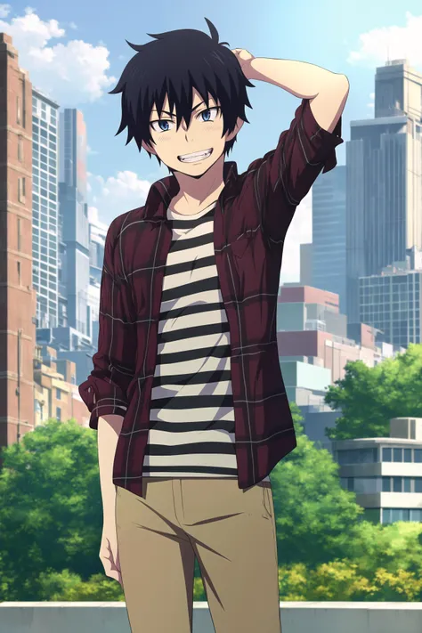 masterpiece, best quality, rin_okumura, 1boy, standing, arm behind head, looking at viewer, black hair, blue eyes, nervous, grin, (casual, layered clothes, ((plaid shirt)), open clothes, black striped t-shirt), brown pants, city, shop, building,