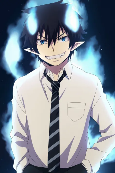 masterpiece, best quality, rin_okumura, night, 1boy, upper body, standing, (blue flames), looking at viewer, black hair, blue eyes, evil grin, white shirt, striped necktie, hands in pockets,