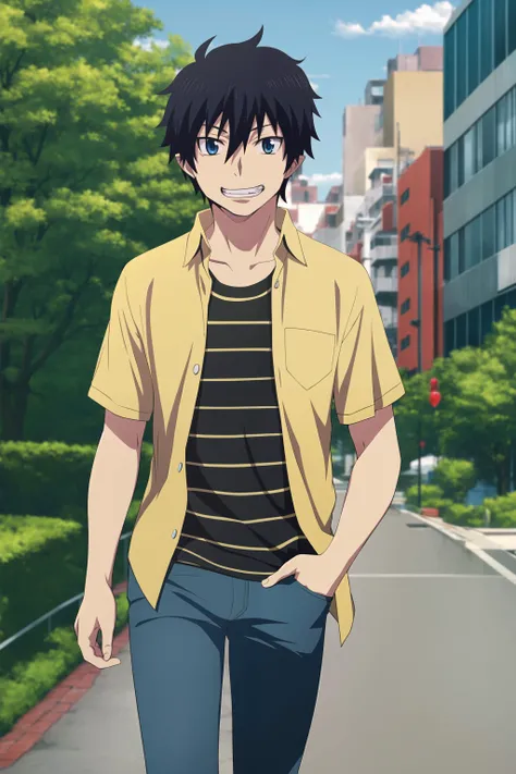 masterpiece, best quality, rin_okumura, 1boy, upper body, walking, arms at sides, looking at viewer, black hair, blue eyes, grin, (casual, layered clothes, ((yellow collared shirt)), open clothes, black striped t-shirt), blue pants, park, tree,