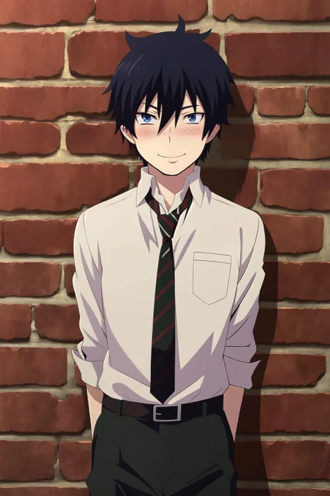 masterpiece, best quality, rin_okumura, 1boy, upper body, standing, (arms behind back), looking at viewer, against wall, brick wall, black hair, blue eyes, nervous smile, light blush, casual, collared shirt, sleeves rolled up, red striped necktie, black pants, brown belt