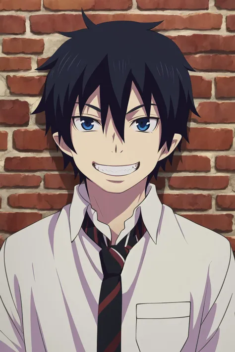 masterpiece, best quality, rin_okumura, 1boy, portrait, upper body, standing, looking at viewer, against wall, brick wall, black hair, blue eyes, grin, collared shirt, red striped necktie,
