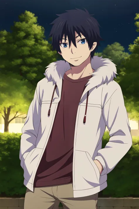 masterpiece, best quality, rin_okumura, night, 1boy, upper body, standing, hands in pockets, looking at viewer, black hair, blue eyes, smile, casual, white jacket, fur-trimmed jacket, t-shirt, brown pants, park, tree,