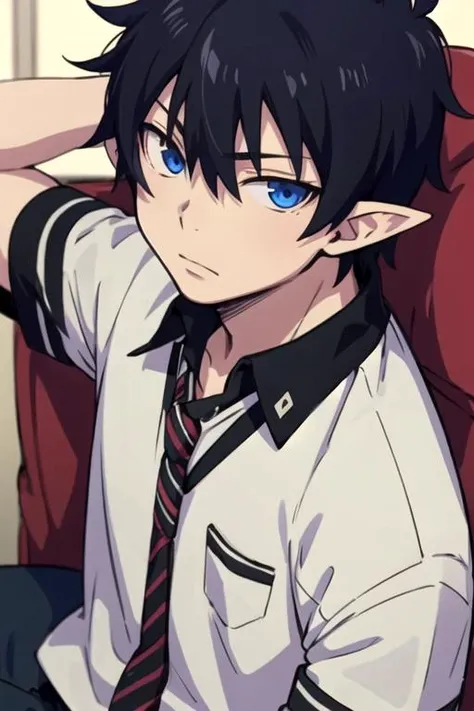 masterpiece, best quality, , 1boy, solo, male focus, looking at viewer, , depth of field, <lora:rin_okumura:0.70>, rin_okumura, black hair, blue eyes, pointy ears, , , ,