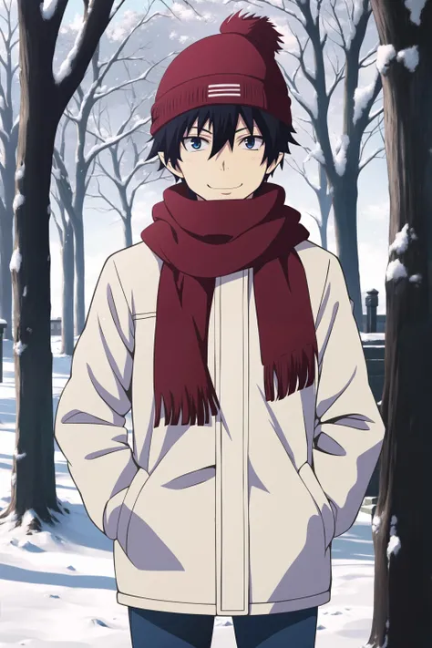 masterpiece, best quality, rin_okumura, 1boy, snow, cold, upper body, hands in pockets, standing, looking at viewer, black hair, red beanie, blue eyes, smile, closed mouth, winter coat, red scarf, blue pants, park, tree,