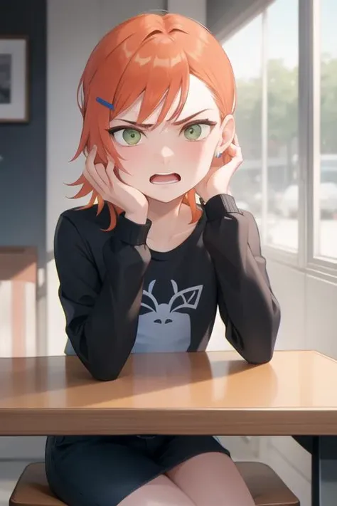 masterpiece, best quality, <lora:gwendolynTennysonBen_v10:.7> ,

Gwendolyn_Tennyson, 1girl, solo, hand on own face,  , open mouth, angry, sitting on table,