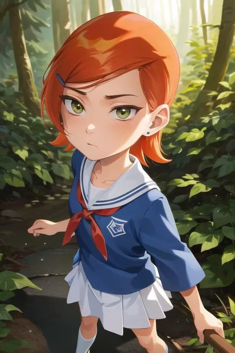 a gwendolyn_tennyson in a japanese school uniform walks through a dark forest, full body, (detailed face, detailed nose), soft lighting, 4k highly detailed realistic digital extremely high quality, 8k, realistic, photorealistic, hyperrealistic, hight quality, ((masterpiece, best quality)), highly detailed, intricate detail, masterpiece, ultra-detailed:1.2, denoise, no grain, remove noise, remove grain, (hdr) <lora:gwendolynTennysonBen_v10:1>