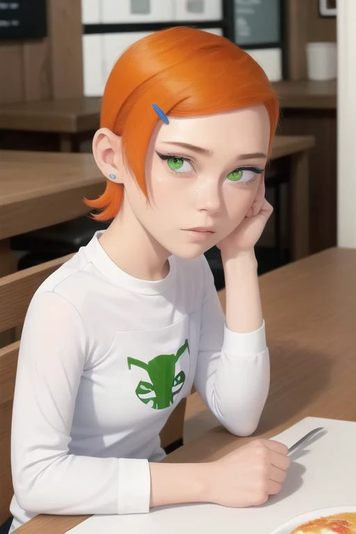 <lora:gwendolynTennysonBen_v10:1> LONG SLEEVES
WHITE PANTS, drinking milkshake, sitting behind table, proportional eyes, (realistic:1.5), extremely detailed, hyper detailed, soft lighting, detailed background, extreme detail background, sharp details, beautiful face, symmetrical eyes, short red hair, short hair, red hair, green eyes, woman, high quality, (full body:1.3),