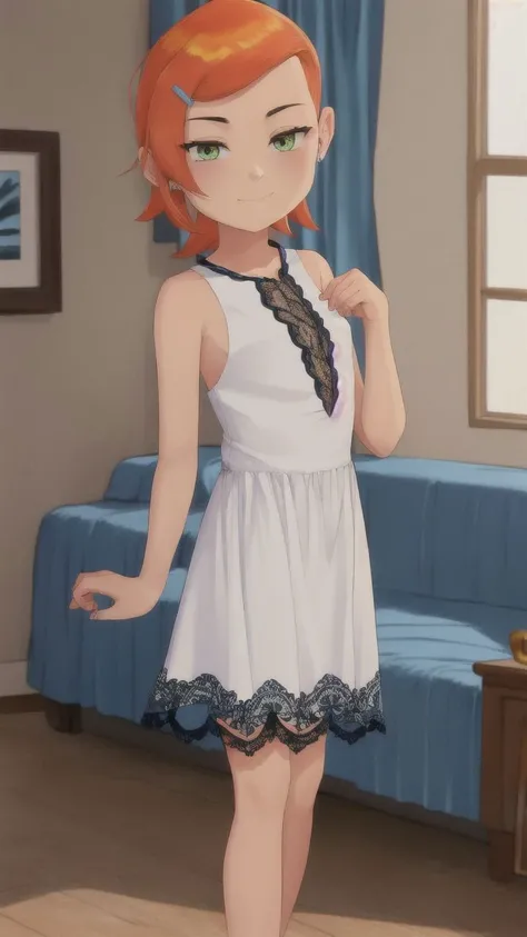 masterpiece,best quality,<lora:gwendolynTennysonBen_v10:1>,Gwendolyn_Tennyson,1girl,solo,(smirk:0.7),(lace dress),standing in a living room,(flat chested),