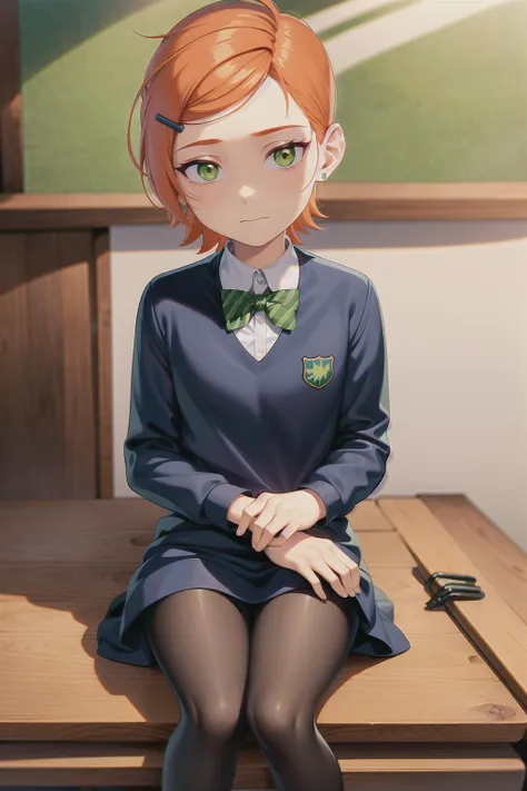 gwendolyn_tennyson ,long sleeves , Gwendolyn Tennyson, 1girl , orange hair, green eyes , five fingers ,school uniform , uniform bad-hands-5 , school , desk , pen <lora:gwendolynTennysonBen_v10:0.7>