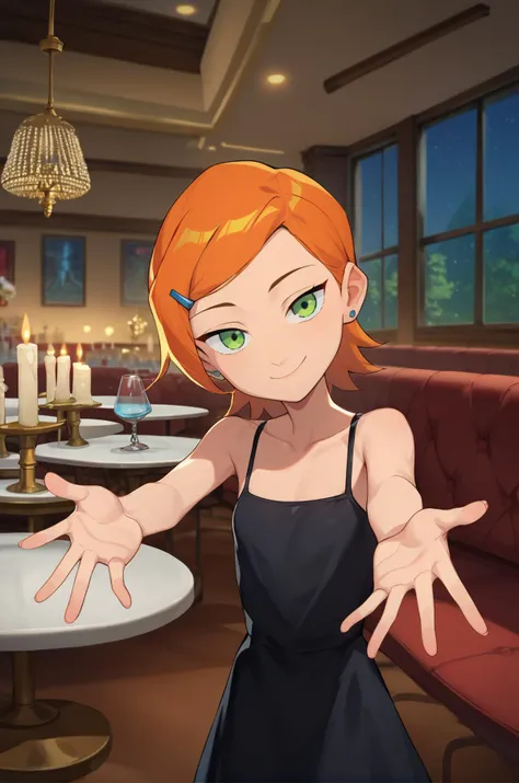score_9, score_8_up, score_7_up, score_6_up, score_5_up, score_4_up, BREAK source_anime,
Gwendolyn_Tennyson, 1girl, head tilt, looking at viewer, romantic restaurant, gentle smile, black dress , (candle, chandelier:0.8), outstretched hand, welcoming, open hand,
<lora:GwenTenXL:1>