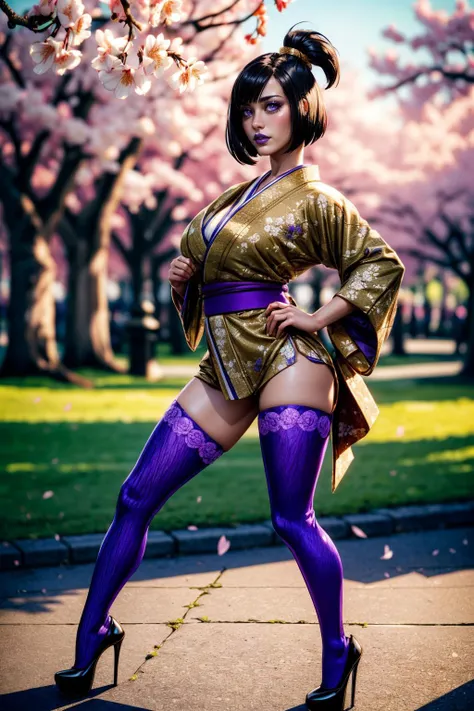 (ultra realistic,32k, masterpiece:1.2),(high detailed skin:1.1),( high quality:1.1),
<lora:sam:0.7>sammason, 1girl,solo,breasts,short hair,small pontytail hair, black hair,purple eyes,makeup,lipstick,purple lips, Cultured short kimono,thigh highs, high heels, city park, sunshine, cherry blossoms, blurry background,,fighting stance pose, huge breast,large breast,<lora:add_detail:0.89>,
(golden hour:1.1),