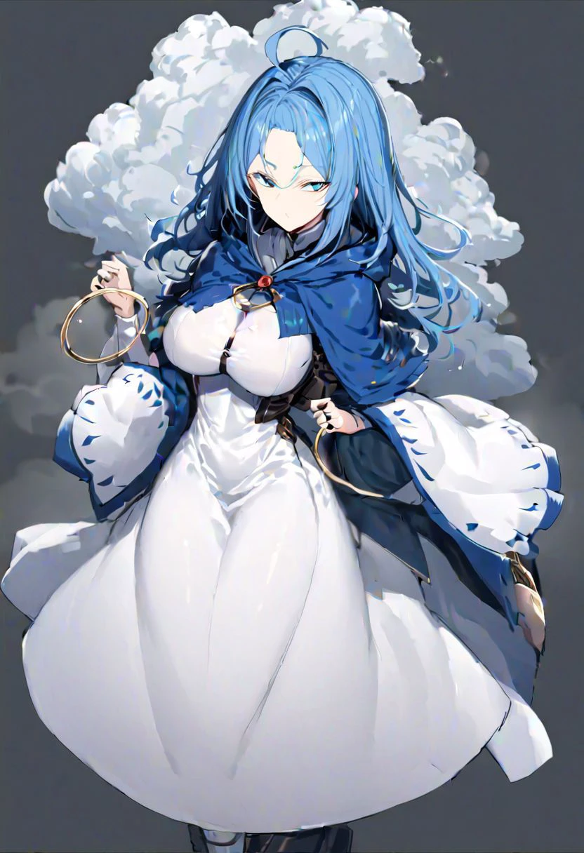 masterpiece, best quality, ultra-detailed, beautiful, nai3, 1boy, solo, full_body, tachi-e,
kumoi_ichirin, 1girl, hood, kesa, jewelry, capelet, blue eyes, blue hair, dress, nun, ahoge, forehead, sidelocks, hair_intakes, large_breasts, blue_capelet, wide sleeves, long_sleeves, hoop, ring, unzan, cloud, mist,