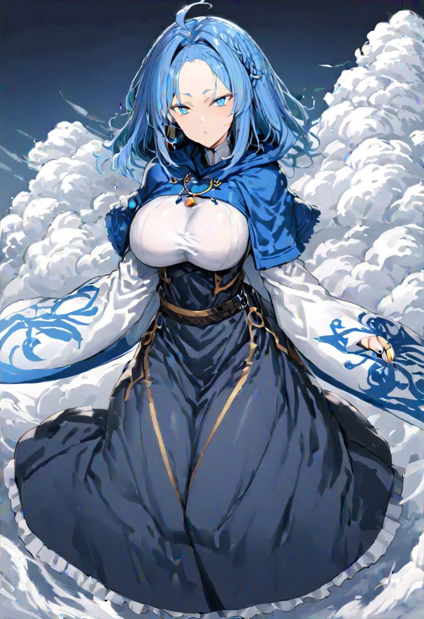 masterpiece, best quality, ultra-detailed, beautiful, nai3, 1boy, solo, full_body, tachi-e,
kumoi_ichirin, 1girl, hood, kesa, jewelry, capelet, blue eyes, blue hair, dress, nun, ahoge, forehead, sidelocks, hair_intakes, large_breasts, blue_capelet, wide sleeves, long_sleeves, hoop, ring, unzan, cloud, mist,